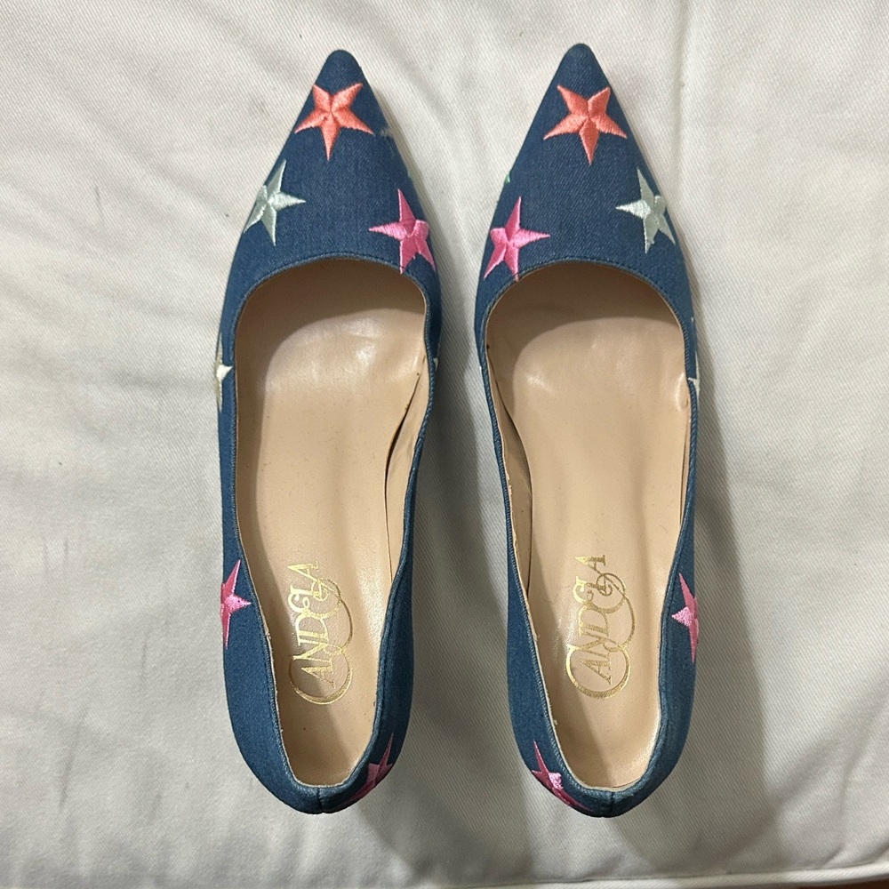 Anthropologie Candela Denim Blue Embroidered Star Heels 9